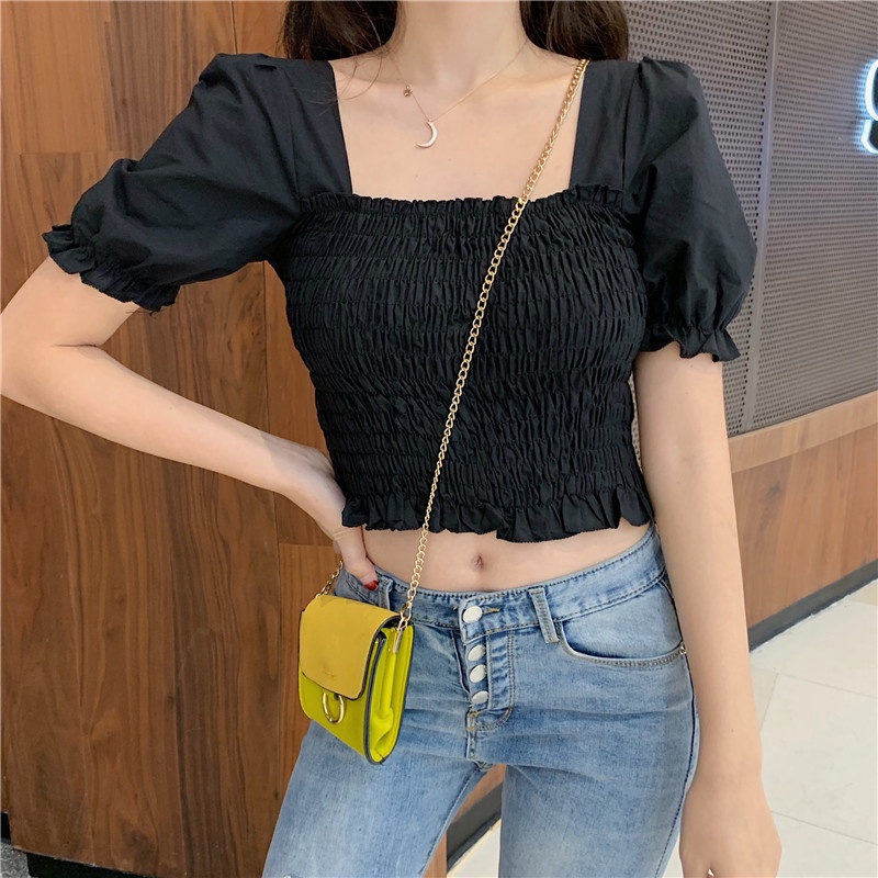 Áo Ulzzang Peplum Maoshop nhún ngực tay phồng Hàn Quốc, Áo peplum trắng bẹt vai tôn dáng cao cấp C4o0