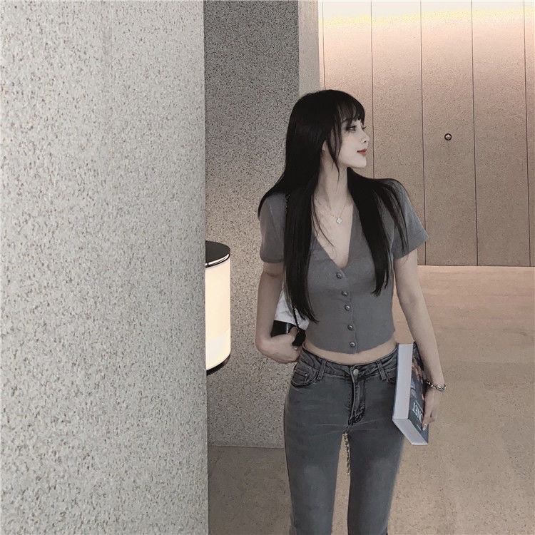 Áo thun dệt kim tay ngắn cổ chữ V dáng ôm thiết kế mới thời trang mùa hè dành cho nữ