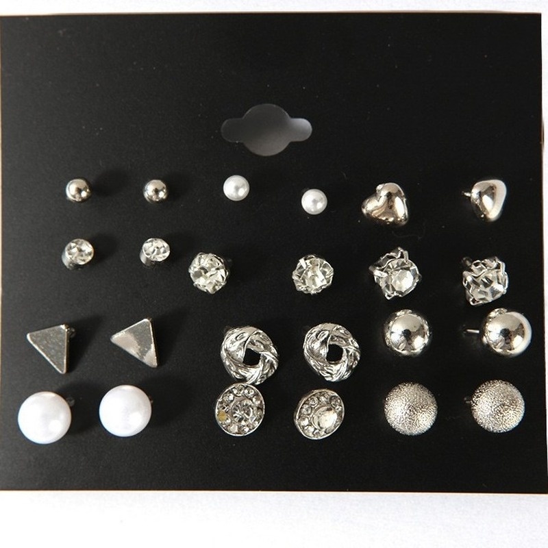Set 12 đôi bông tai đính đá zircon hình vuông/trái tim