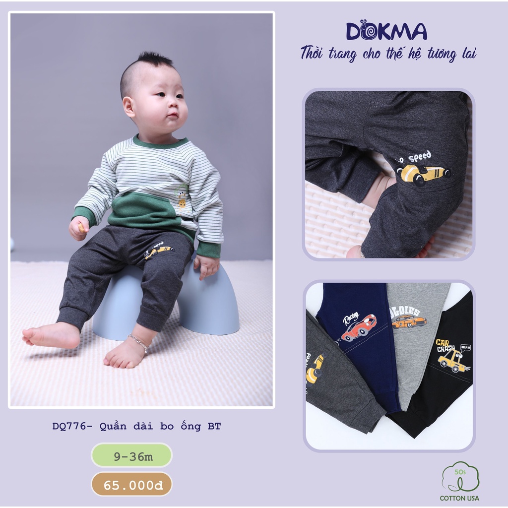 DQ776 Quần dài bo ống in hình Dokma vải cotton mỏng cho bé trai (9-36M)