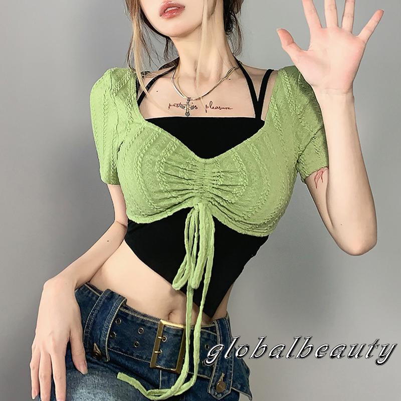Áo Croptop Hai Dây Và Áo Sơ Mi Tay Ngắn Màu Xanh Lá Phối Dây Rút Thời Trang Dành Cho Nữ