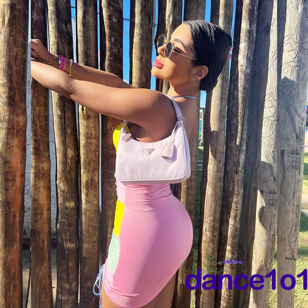 Đầm Ngắn Cổ Yếm Màu Sắc Tương Phản Thời Trang Cho Nữ 1O1