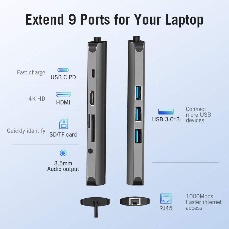 Bộ Hub chuyển đổi chia cổng VENTION USB type C sang 9 cổng 4K HDMI USB 3.0 Gigabit RJ45 dành cho Macbook Pro