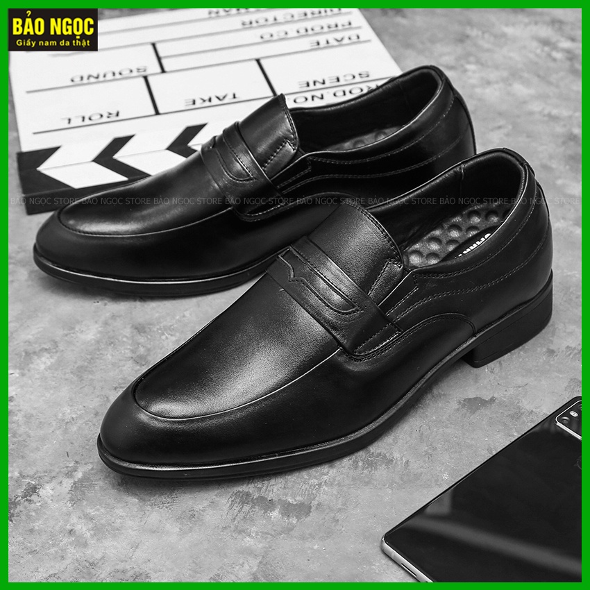 Giày tăng chiều cao nam da bò Bảo Ngọc Store - Giày lười nam tăng chiều cao màu đen - Mã TC8856 Đen