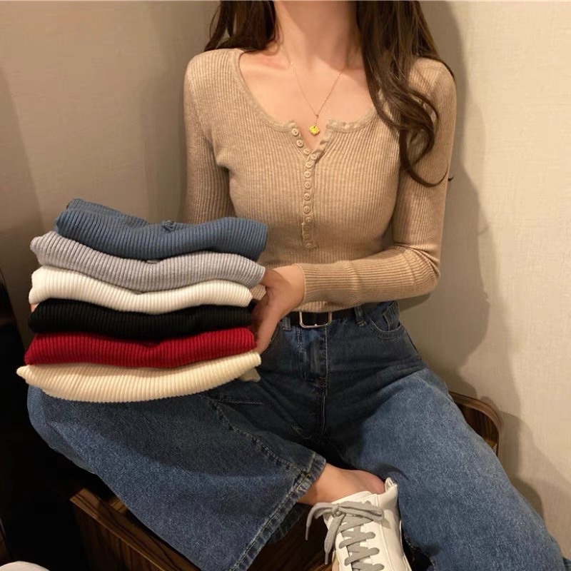 Áo len dệt kim nữ, áo len giữ nhiệt cổ tròn có khuy hàng QC dày dặn