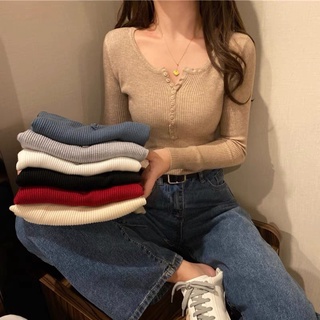 Áo len dệt kim nữ, áo len giữ nhiệt cổ tròn có khuy hàng QC dày dặn