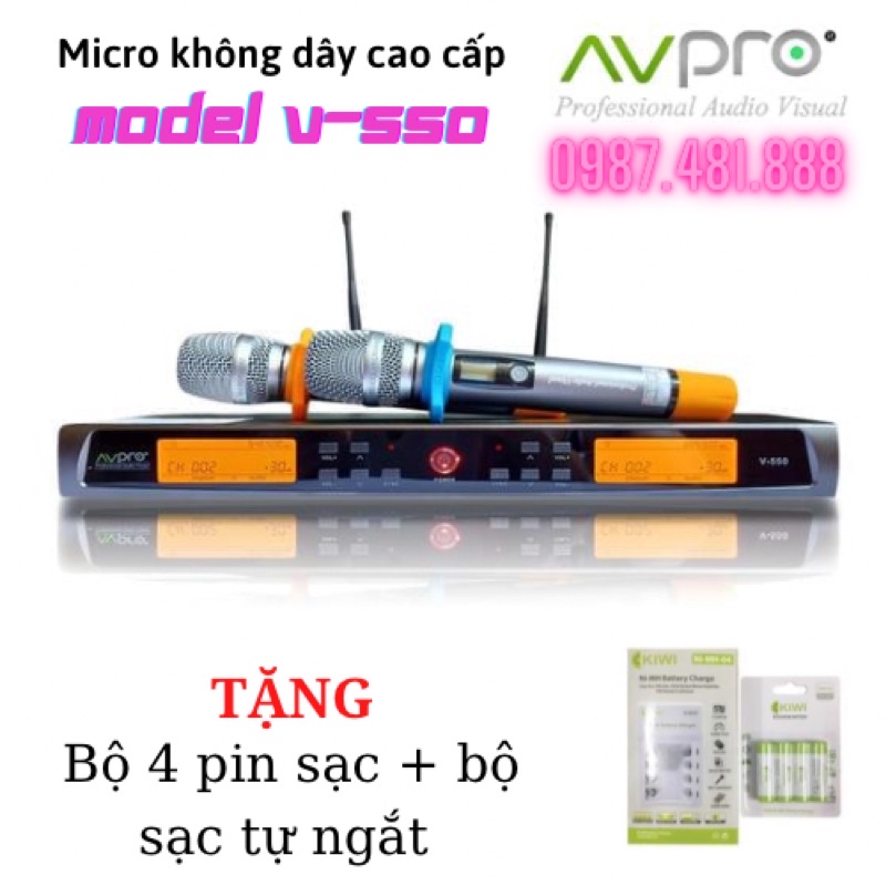 AVPRO V550 - Mic hát karaoke không dây cao cấp - Hát nhẹ, tiếng ấm - Tặng bộ 4pin sạc 3200mah và đốc sạc