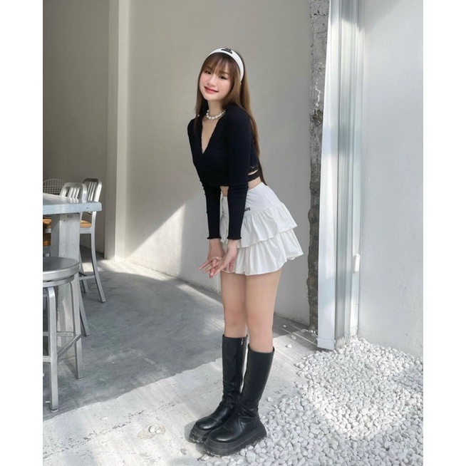 Áo Croptop Tay Dài Đắp Chéo Ren Cột Nơ DOLA CLOTHES Áo Tay Dài Phối Ren