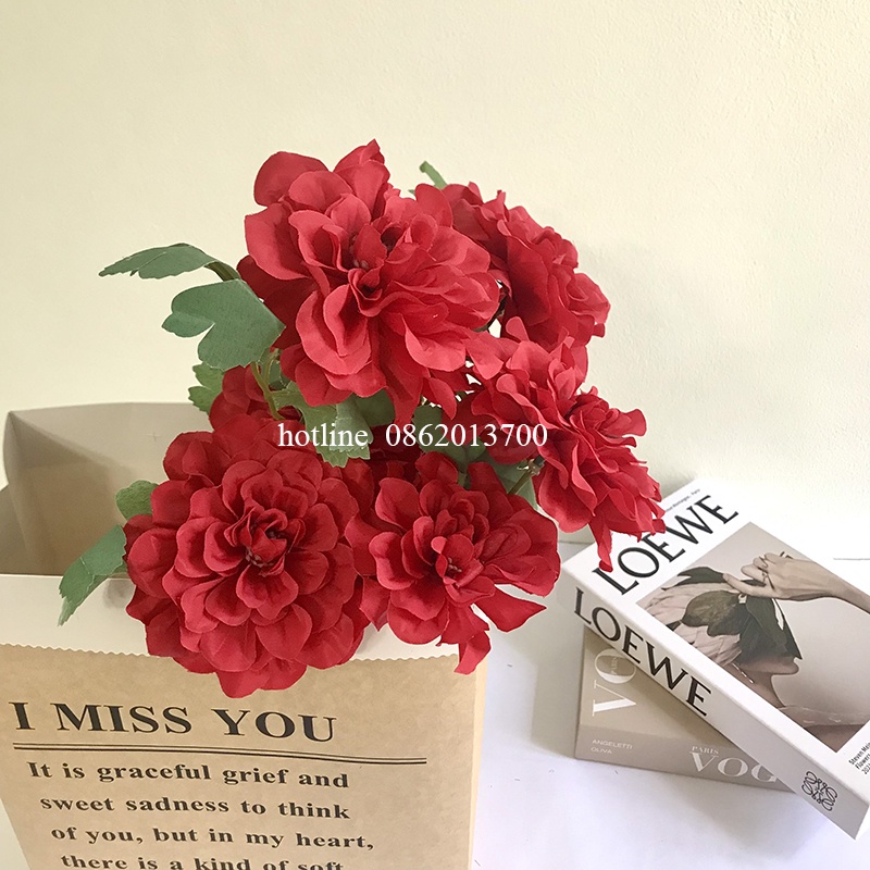 Hoa Giả- Hoa Cúc Thược Dược Cao Cấp Cành 3 Bông 65cm Trang Trí Nhà Cửa Siêu Xinh