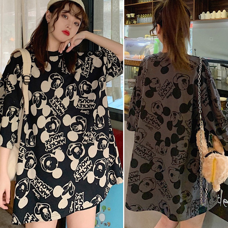 [Baywellfashion]Áo Thun Nữ Tay Ngắn Dáng Rộng In Hình Chuột Mickey Đáng Yêu