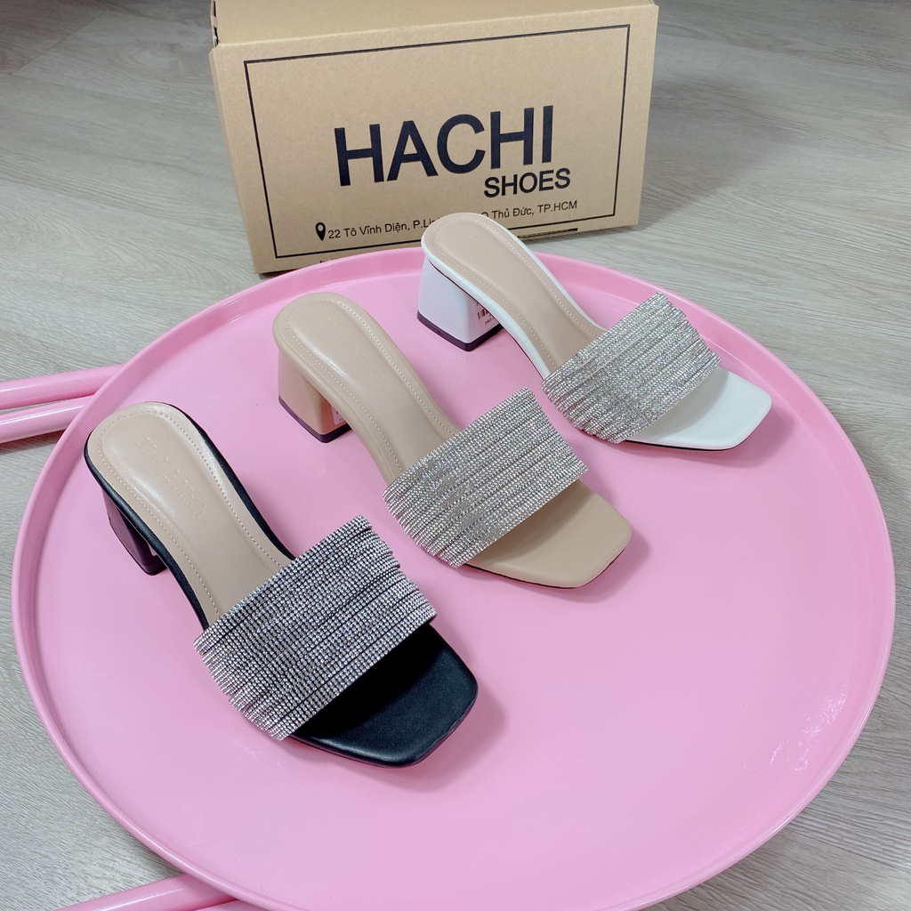 Dép guốc nữ đính đá gót vuông cao 5cm B130 Hachi shoes