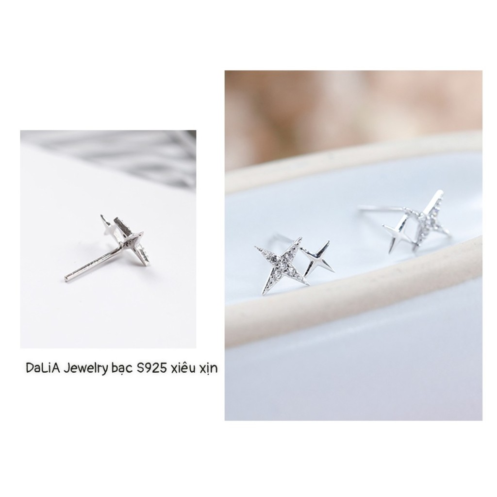 Bông tai bạc nữ nạm đá ngôi sao đôi tỷ muội DaLiA Jewelry khuyên tai bạc 925 xinh xắn
