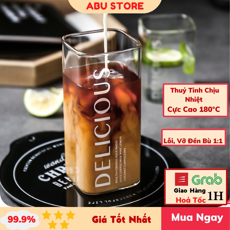 Ly thủy tinh vuông 400ml DILICIOUS dễ thương Cốc thủy tinh uống trà, cà phê dễ thương ABUSTORE D10