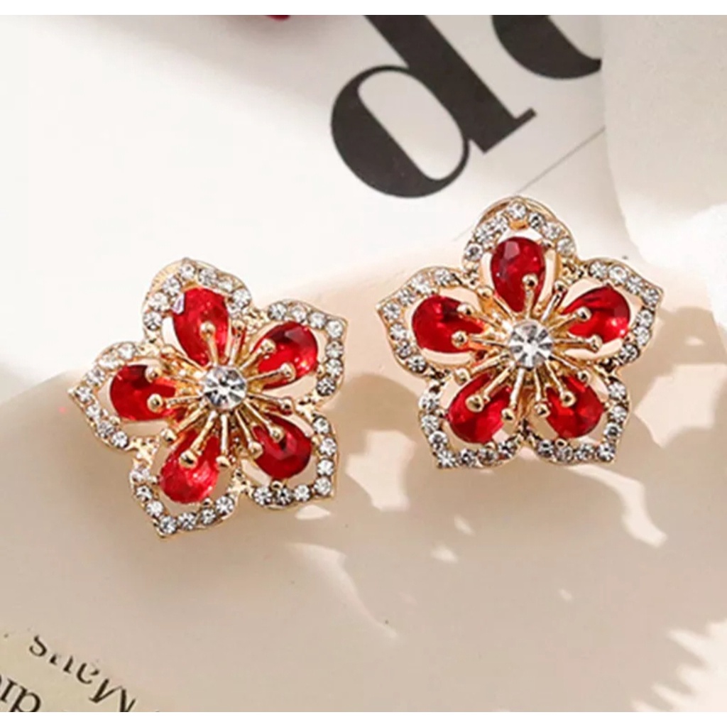 Bông tai cao cấp S925.Bông tai thiêt kế hoa 5 cánh đính đá sắc màu.