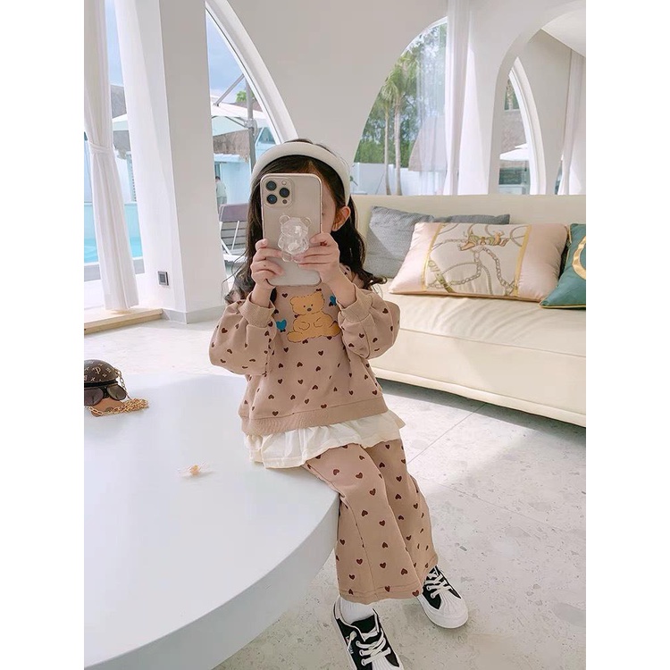 Bộ Quần Áo Dài Tay Trẻ Em Thu Đông Họa Tiết Tym Hình Gấu Quần LOEE Vải Nỉ Cho Bé Từ 8-22kg Mã DT45