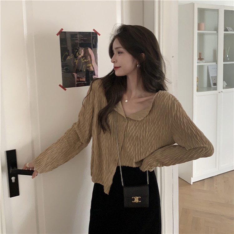 QADCOL Áo kiểu tay dài cổ tròn dáng rộng phong cách thời trang Hàn Quốc cho nữ