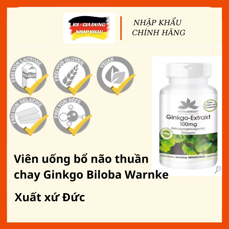 Viên uống bổ não thuần chay Ginkgo Biloba của Đức, tăng tuần hoàn máu não Warnke 90 viên