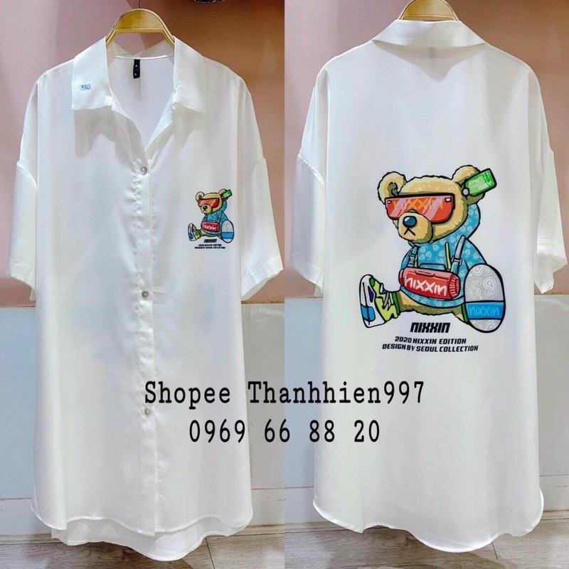 Váy ngủ sơ mi lụa tay lỡ Gấu cute 14