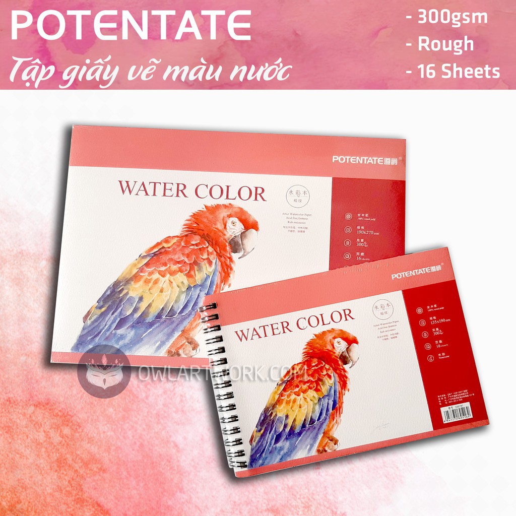 Sổ vẽ màu Nước POTENTATE 300gsm hình con vẹt (16 Tờ, Rough)