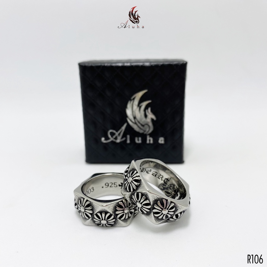 Nhẫn Titan Chrome Heart PENTAGON BS PLUS hoa Iris phay góc, khắc trong - R106 - Aluha