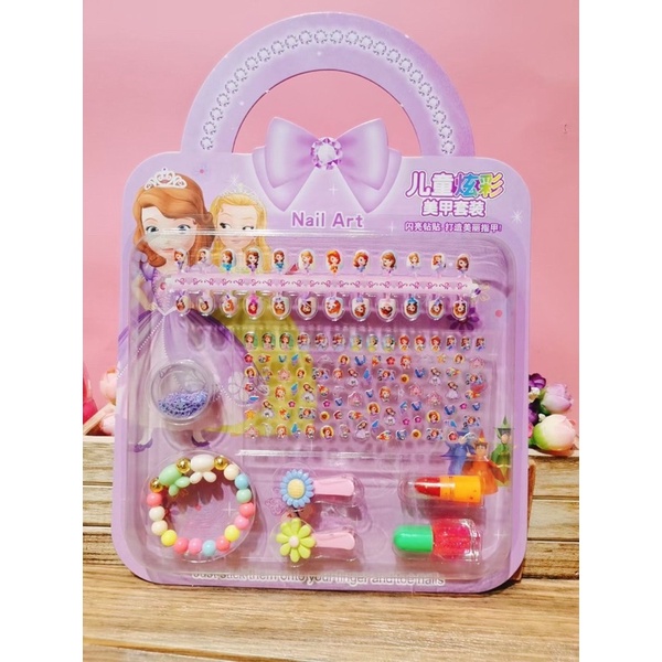 Bộ đồ chơi  móng tay giả kèm sơn sticker dán móng cho bé dễ thương m Elsa Công chúa Elsa Ariel Sophia Peppa Pony Unicorn