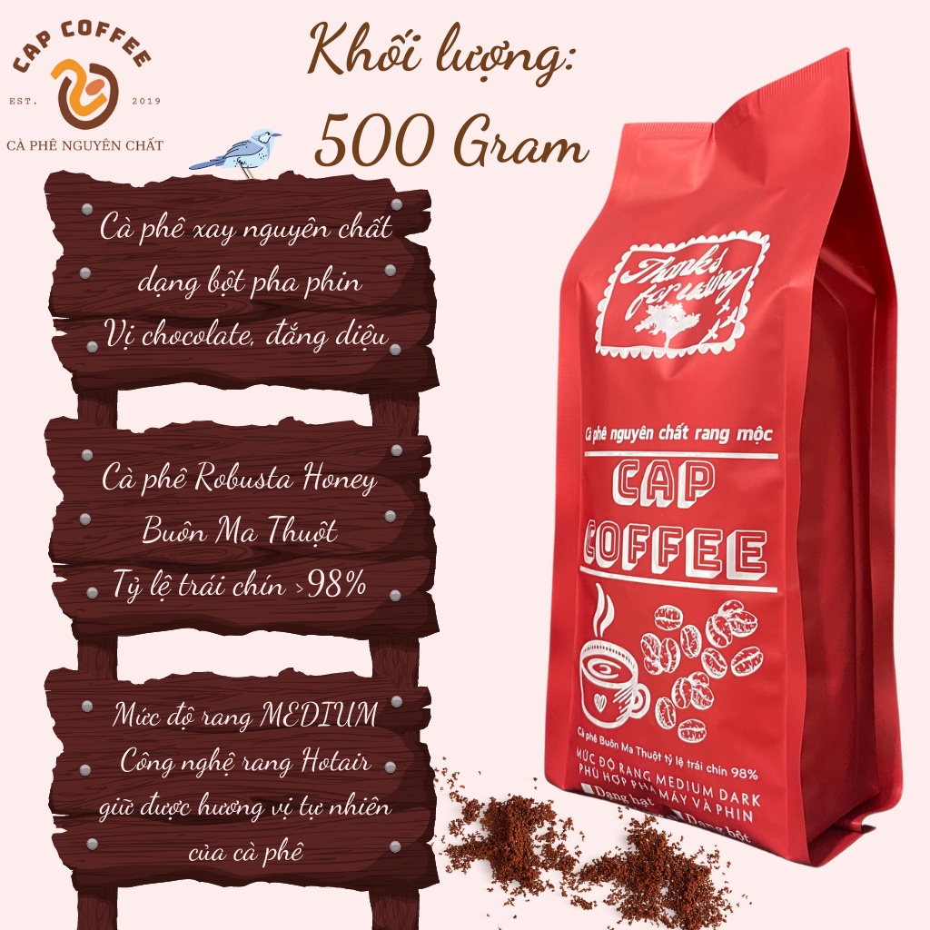 Cà phê nguyên chất Robusta Honey 500gr xay pha phin, rang mộc - vị trái cây, chocolate, đắng nhẹ - Medium | BigBuy360 - bigbuy360.vn