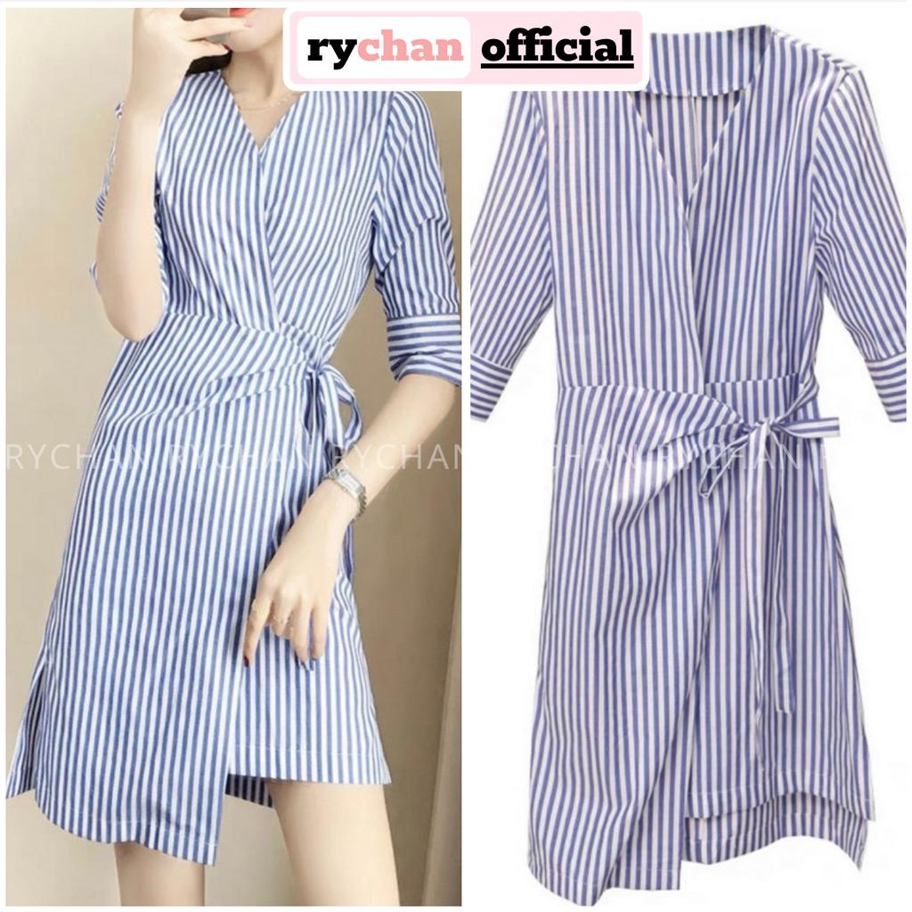 [ẢNH THẬT CUỐI] Đầm Nữ Cổ V Đắp Ngực Lệch Tà Thắt Eo Thanh Lịch, Đầm Nữ Dạo Phố Form Ngắn Dáng Xòe Sọc Xanh - DX174