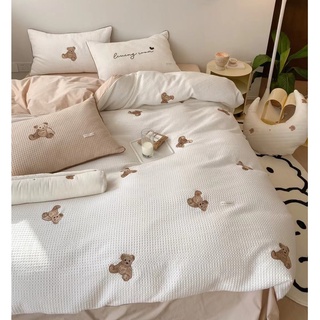 Bộ chăn ga gối cotton hữa cơ thêu gấu - set 4 món