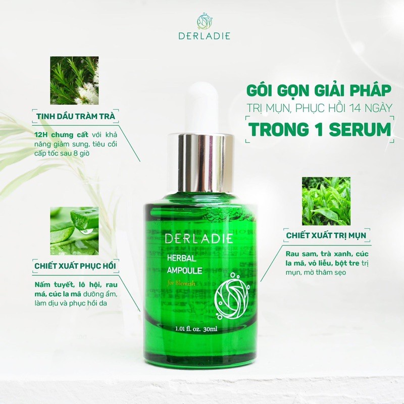 [QUÀ TẶNG KÈM] Siêu Tinh Chất Tràm Trà Giảm Mụn Sau 14 Ngày Derladie Herbal Ampoule For Blemish 30ml