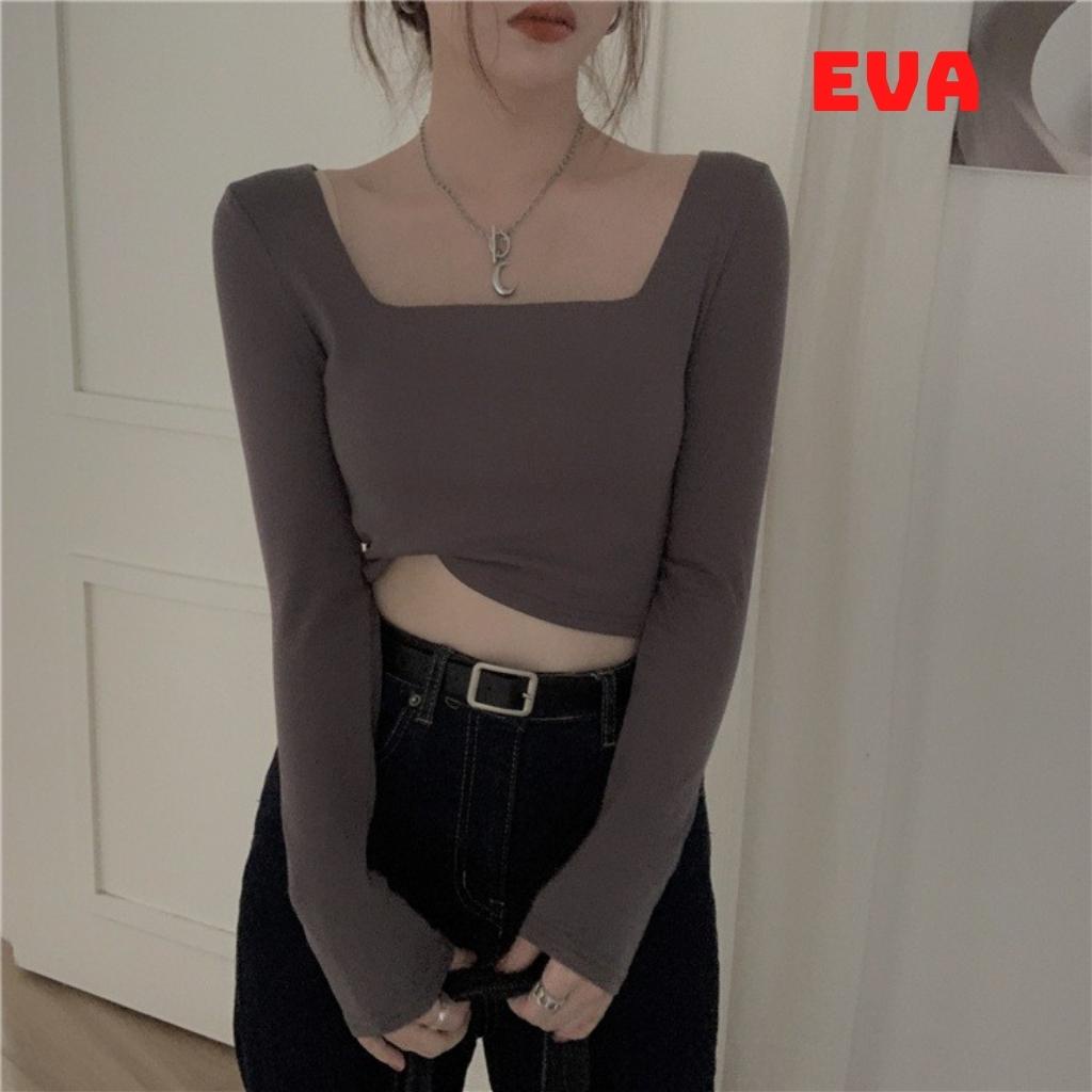 Áo croptop tay dài cổ vuông dáng ôm co giãn RT006 EVA áo thun nữ chất vải tốt mềm mịn giá rẻ