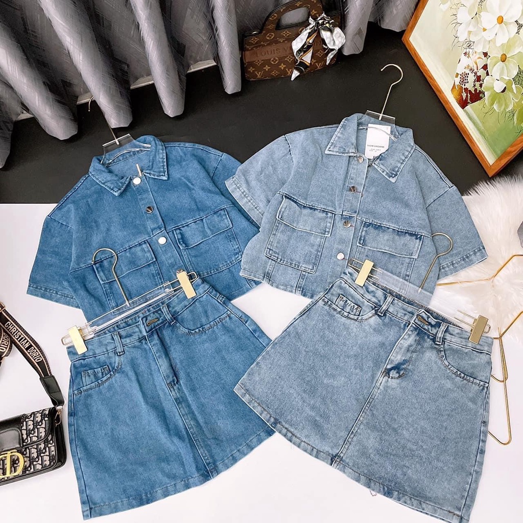 Sét áo jean croptop kèm chân váy jean kiểu dáng chữ A kiểu phong cách hàn quốc