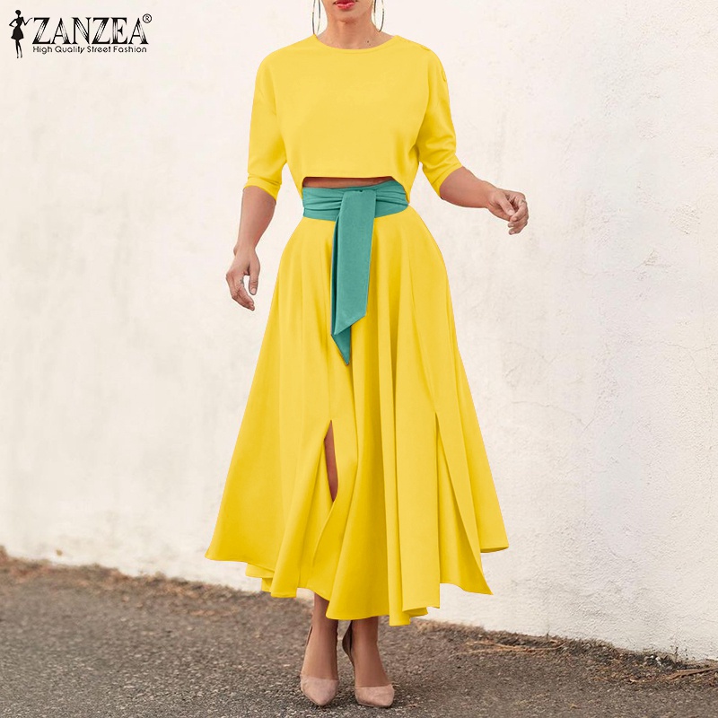 Set quần áo  ZANZEA gồm áo cổ tròn tay 3/4 + chân váy dài xẻ tà lưng cao thời trang châu Âu cho nữ