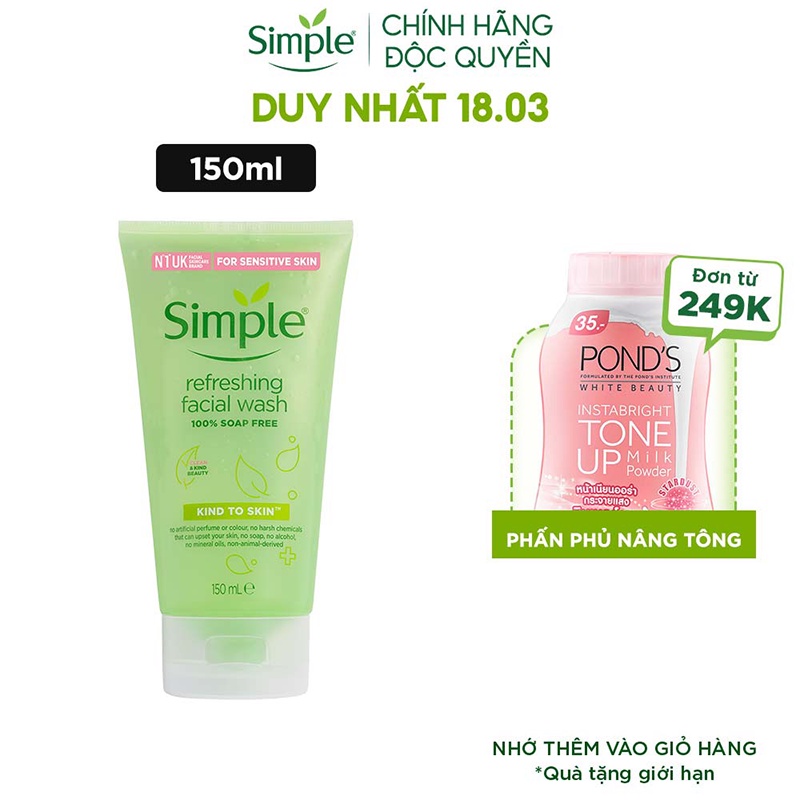 Sữa rửa mặt Simple giúp da sạch thoáng & không chứa xà phòng 150ml CHÍNH