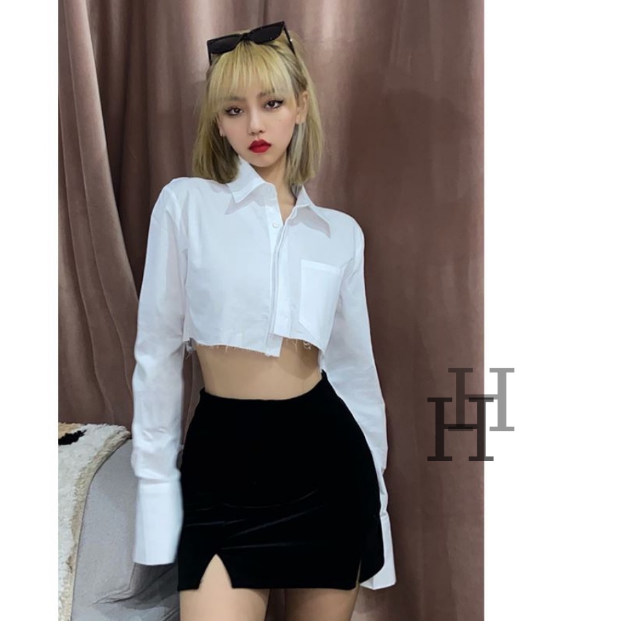 Áo croptop cổ sơ mi rộng tay dài màu trắng HAC137 Hỉn Hỉn Store | BigBuy360 - bigbuy360.vn