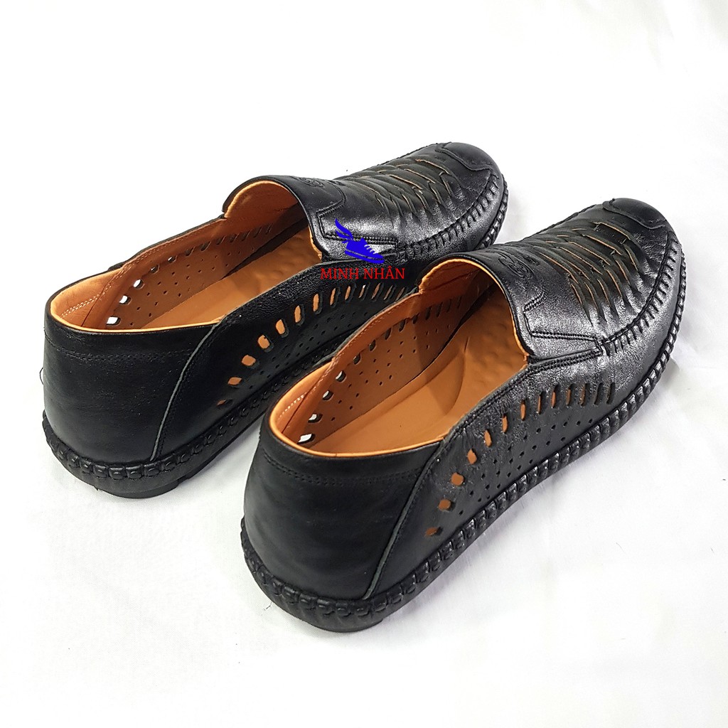 Giày lười mọi nam Slipon da bò cao cấp thời trang hàng hiệu giá rẻ đục lỗ đẹp thoáng khí mùa hè H-3 màu đen