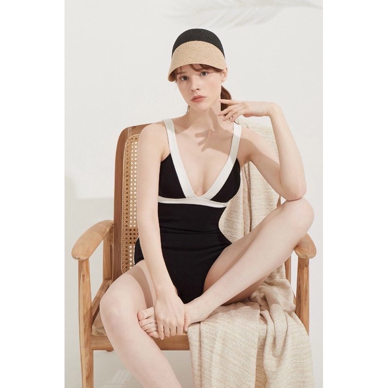 Bikini đồ bơi nữ 1 mảnh liền thân cổ V viền trắng