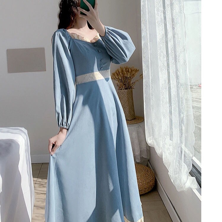 Váy cổ vuông retro kiểu Pháp nữ 2020 mùa thu / đông mới tích siêu tiên eo thon gọn màu xanh da trời Platycodon <