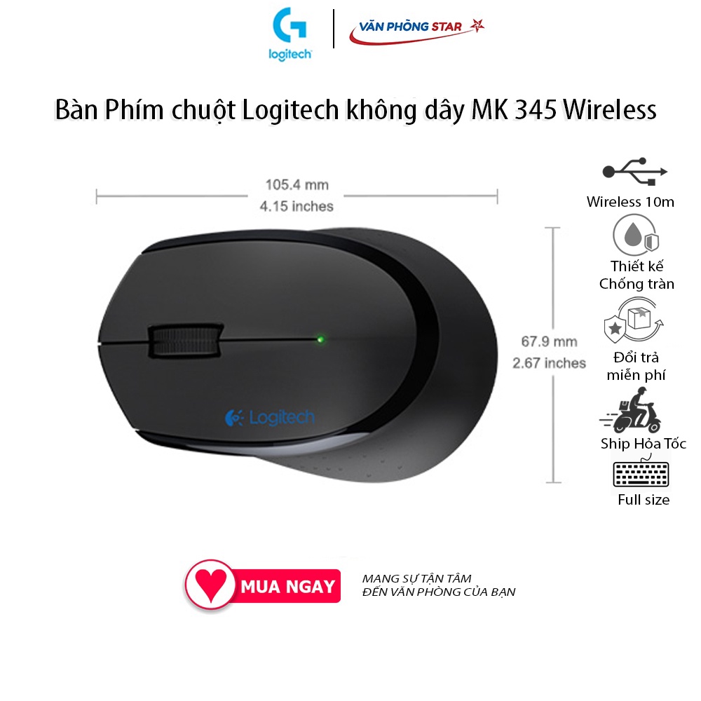 Bàn Phím chuột Logitech không dây MK345 kết nối không dây wireless. Kích thước bàn phím Full size, chuột quang 100 DPI