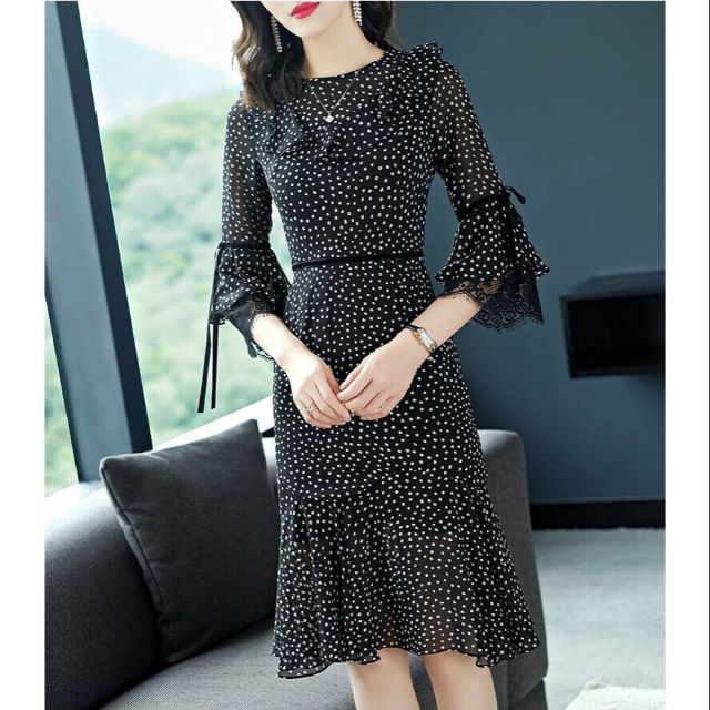 Hàng nhập - Đầm dáng ôm đuôi cá chấm bi, váy body dự tiệc cổ tròn bèo tay