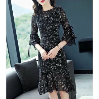 Hàng nhập - Đầm dáng ôm đuôi cá chấm bi, váy body dự tiệc cổ tròn bèo tay