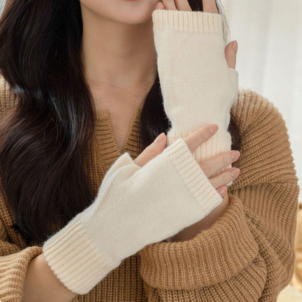 IVORY Găng Tay Len Hở Ngón Màu Sắc Đơn Giản Cho Nữ