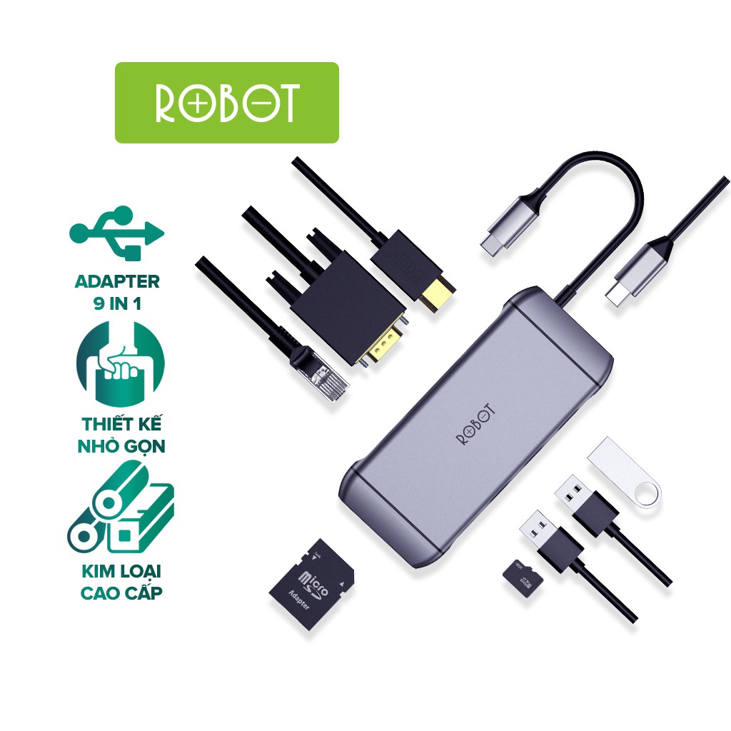 HUB Chuyển Đổi 9in1 ROBOT HT490 Type-C to USB 3.0/2.0/ HDMI/PD/SD/TF/PD/VGA/UltraHD