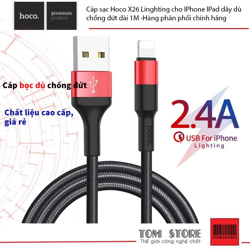 Cáp sạc Hoco X26 Linghting cho IPhone IPad dây dù  chống đứt dài 1M -Hàng phân phối chính hãng