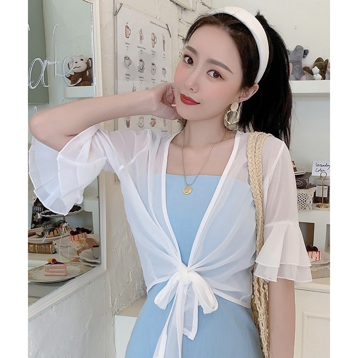 [Sẵn từ S-XXL] Áo khoác voan thắt nơ tay phối tầng