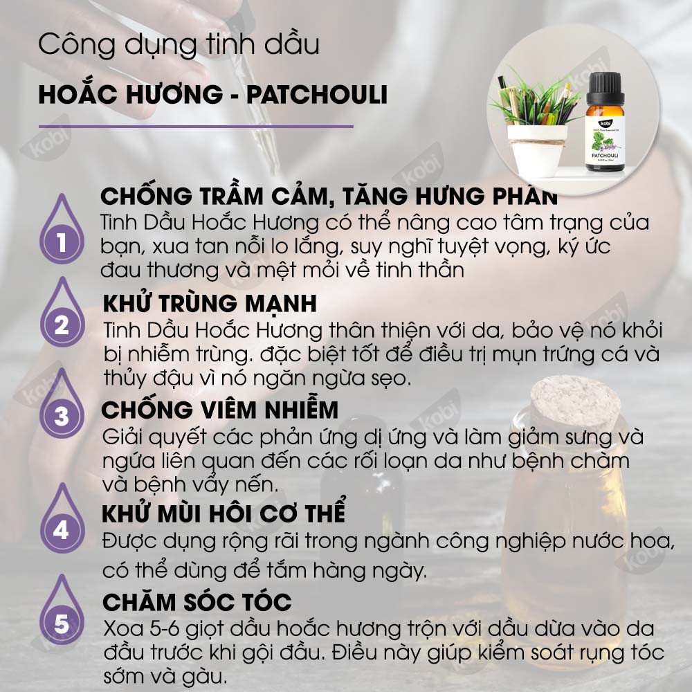 Tinh dầu Hoắc Hương Kobi Patchouli essential oil giúp thư giãn, giảm stress hiệu quả - 5ml