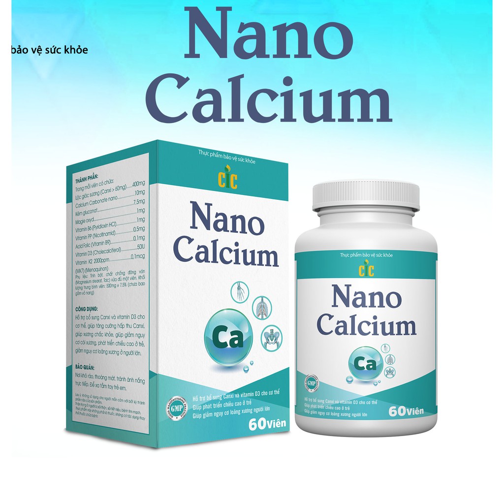 Nano Calcium - bổ sung canxi nano và vitamin D3 giúp chắc khoẻ xương, phát triển chiều cao, ngừa loãng xương (60 viên)