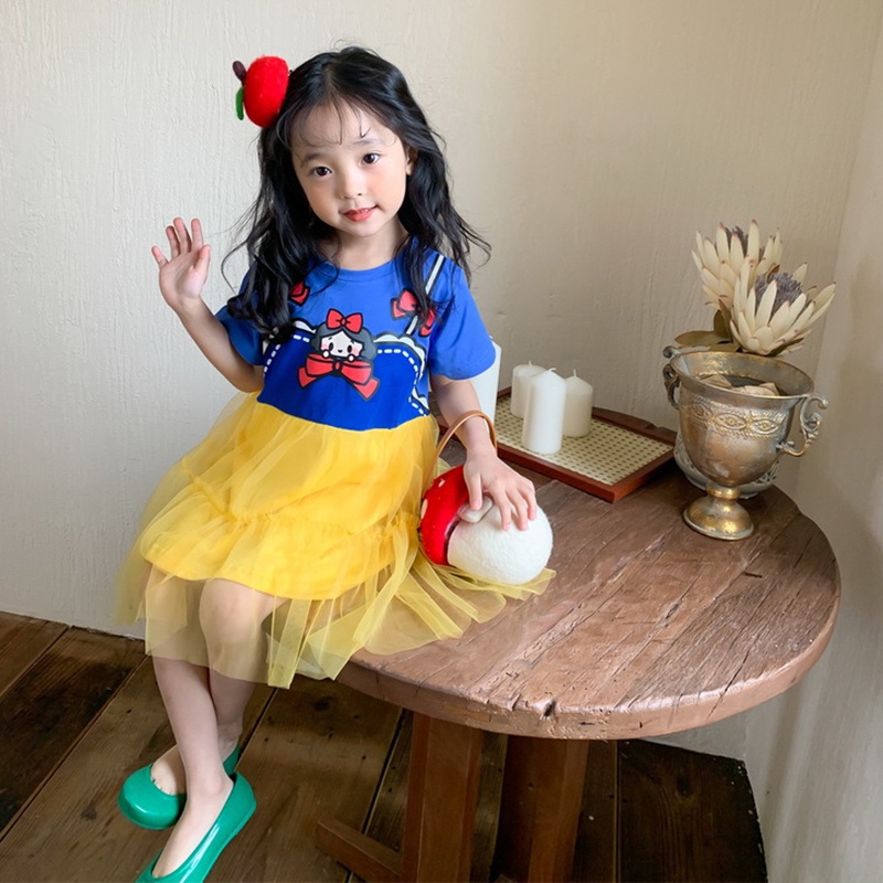 Đầm Công Chúa Ba Màu Phối Lưới Họa Tiết Hoạt Hình Đáng Yêu Cho Bé Gái