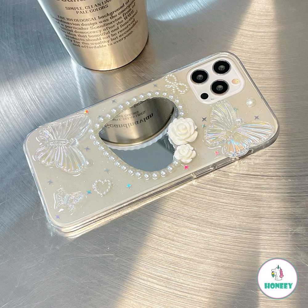 Ốp Điện Thoại TPU Mềm Mặt Gương Trang Điểm Hình Bướm 3D Cho iPhone 14 13 12 11 Pro Max X XS XR 8 7 Plus