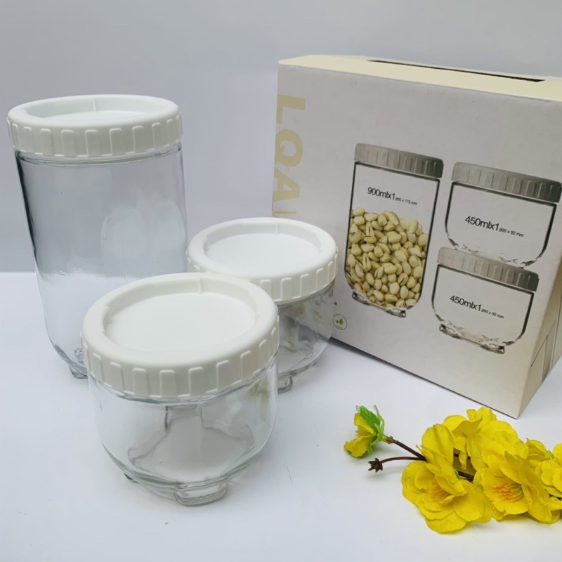 Set 3 Hũ Thủy Tinh Cao Cấp (Thuỷ Tinh) - 1 Hũ 950ml, 2 Hũ 450ml - Đựng Đồ Ăn, Gia Vị Cao Cấp