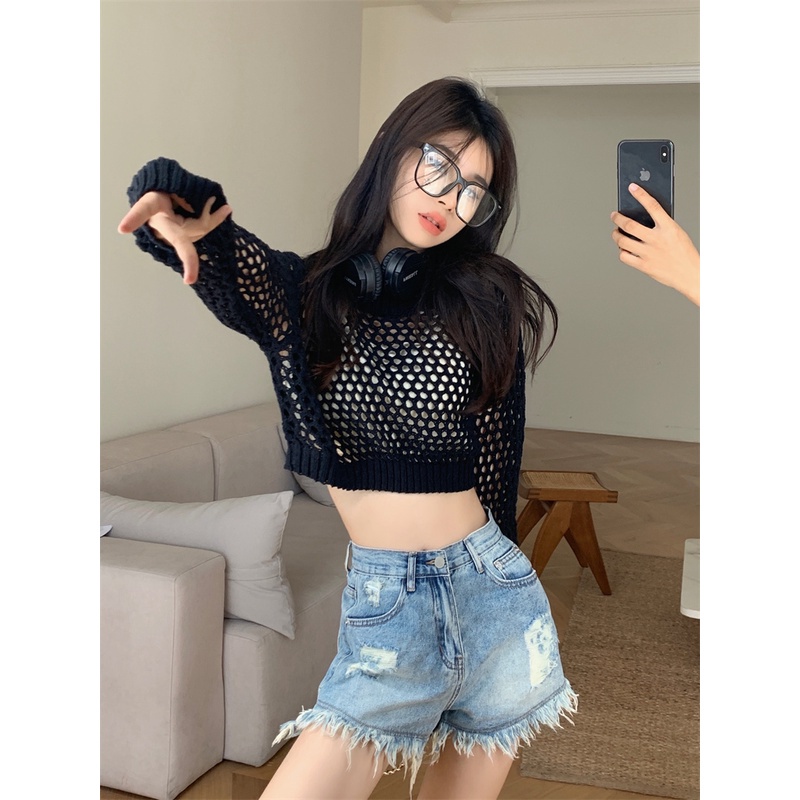 DUNEA Áo Croptop Dệt Kim Dáng Rộng Phong Cách Hàn Quốc Cổ Điển 4 Màu Sắc Lựa Chọn